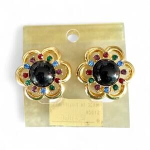 Vintage 1980s Gold Clip On Earrings NOS Retro Floral Rhinestone Statement